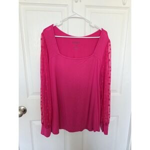 Torrid Super Soft Knit Top Size 2 Pink Lace Dot Sheer Long Sleeves Scoop Neck